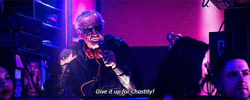 A man saying, “Give it up for chastity” into a mic