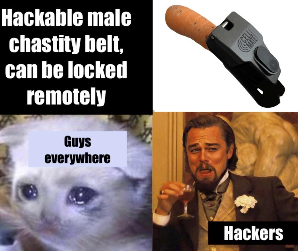 A meme on how hackers are happy with an app-controlled chastity belt