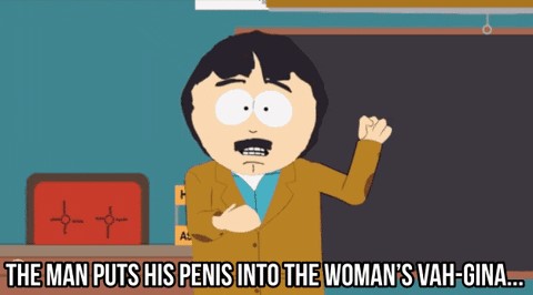 A teacher shoves his fist into the other arm saying, “...the man puts his penis into the woman’s vah-gina…”