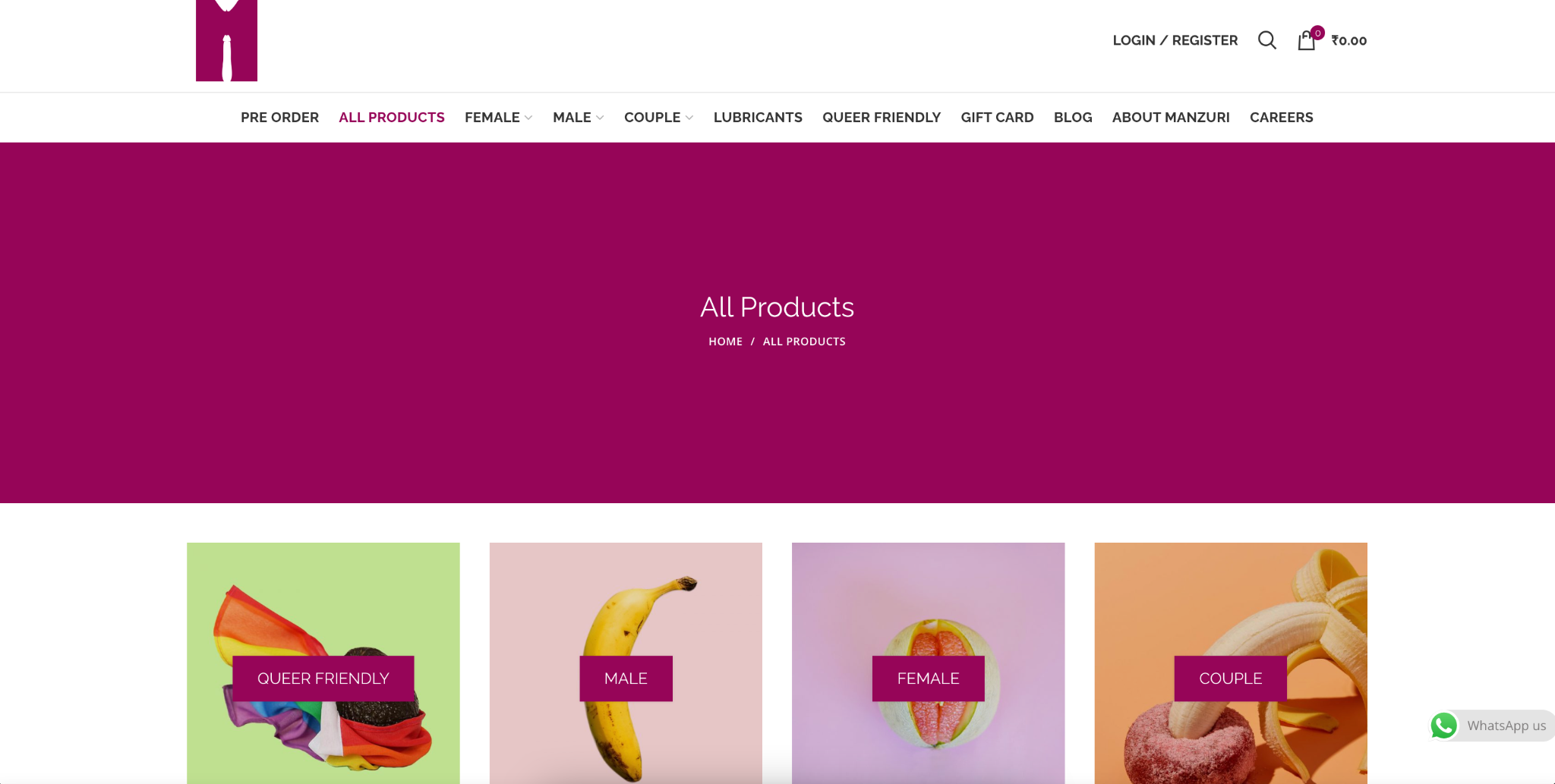 Screengrab showing Manzuri’s website and its categories of products