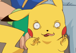 Pikachu’s eyes wide, tongue drooping, hands grabbing
