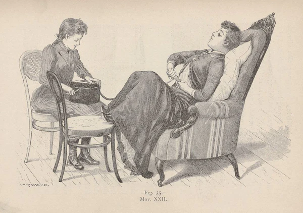 Victorian woman being massaged by an instrument held by another woman 